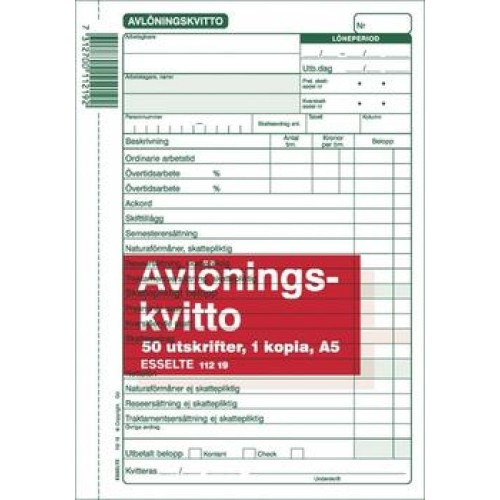 Blankett Avlöningskvitto A5 med kopia (112 19) 2x50 blad 5/fp