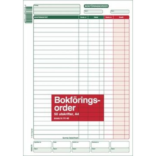 Blankett Bokföringsorder A4 (111 40) 50 blad 10/fp Blankett Bokföringsorder A4 (111 40) 50 blad 10/fp