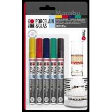 Porslinsmålningspennor/Glasmålningspennor Marabu Porcelain & Glas Painter Universal, Basic, 1-2mm, 5 färger/fp