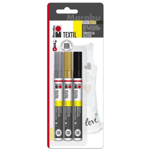 Textilpenna/Textilfärgpenna Marabu Textil Painter Universal Glitter, Glamour, 3mm, 3 färger/fp Textilpenna/Textilfärgpenna Marabu Textil Painter Universal Glitter, Glamour, 3mm, 3 färger/fp