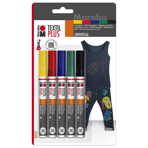 Textilpenna/Textilfärgpenna Marabu Textil Painter Plus Universal, Basic, 3mm, 5 färger/fp Textilpenna/Textilfärgpenna Marabu Textil Painter Plus Universal, Basic, 3mm, 5 färger/fp