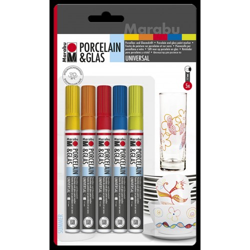 Porslinsmålningspennor/Glasmålningspennor Marabu Porcelain & Glas Painter Universal, Summer, 1-2mm, 5 färger/fp