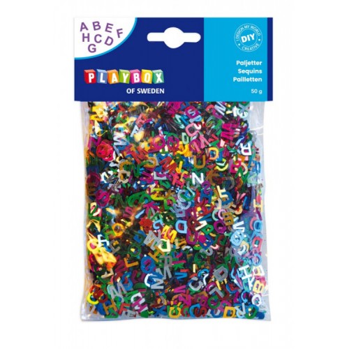 Paljetter, Alfabet/Bokstäver (A-Z), plast, Blandade färger, 50 gram/fp