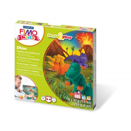 Modellera-set: Modellera Fimo Kids (8034 07), form&play, Dino (Dinosaurier), 4 x 42 gram