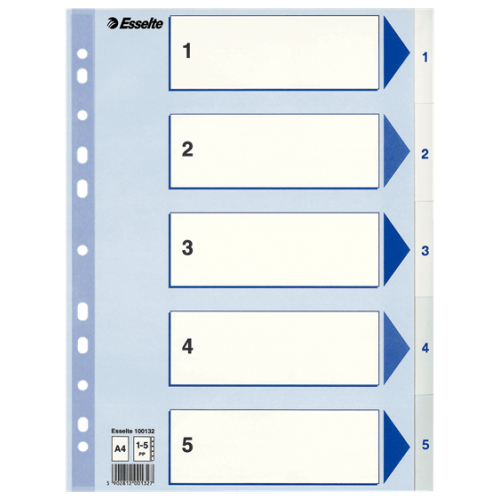 Plastregister/Pärmregister Esselte 100132, A4, 1-5, 5 flikar blå/vit