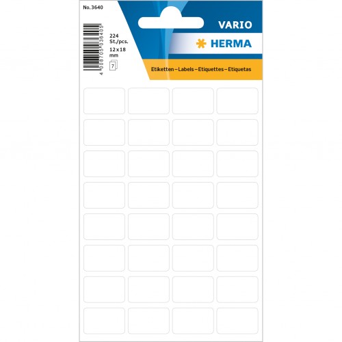 Märketikett Universaletiketter Herma Vario 3640 12x18mm permanent, Vit, 224/fp Märketikett Universaletiketter Herma Vario 3640 12x18mm permanent, Vit, 224/fp