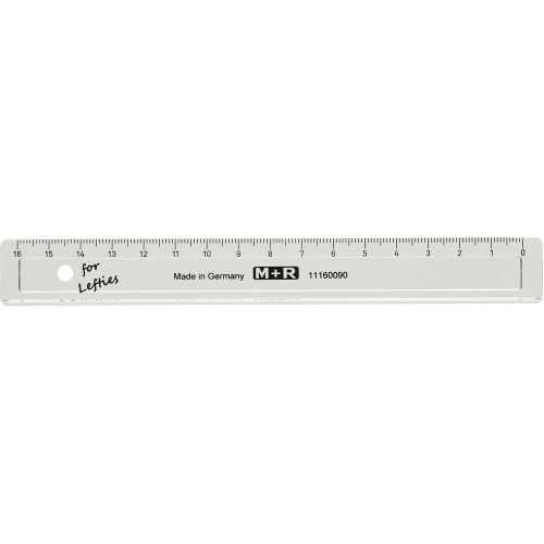 Linjal M+R, plast, 16cm cm/mm-gradering, Klar/Transparent, för vänsterhänta 1/fp