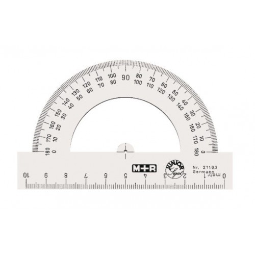 Gradskiva/Halvcirkelgradskiva M+R, plast, 0-180 grader, bas 10cm, Klar/Transparent 1/fp
