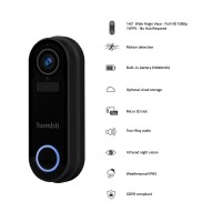Smart dörrklocka med kamera, WiFi, Hombli Smart Doorbell 2, batteridriven, Svart