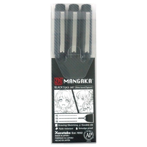 Fineliner Zig Kuretake Mangaka (CNM/3VBK2) 0,1, 0,3 & 0,5mm Svart