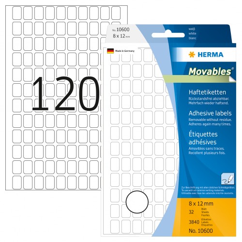 Märketiketter Herma Movables 10600, 8x12mm Vit avtagbara / flyttbara, 3840/fp (120 etiketter/ark)