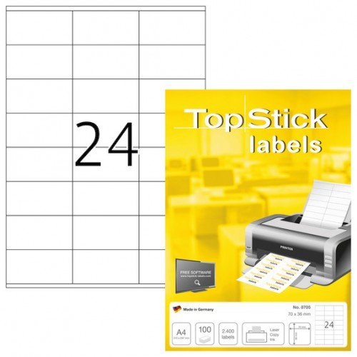 Etikett TopStick universal 8705, A4, 70x36mm Vit, 100 ark (2400 st etiketter) Etikett TopStick universal 8705, A4, 70x36mm Vit, 100 ark (2400 st etiketter)