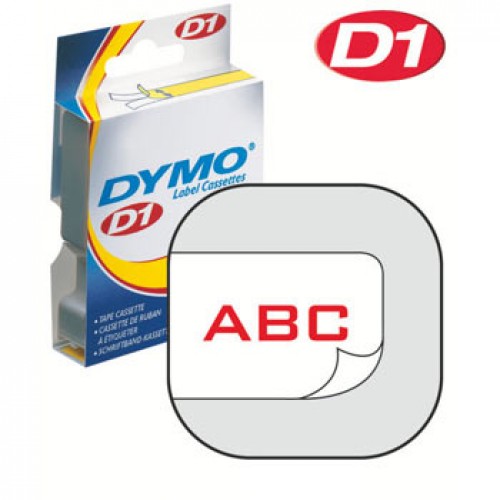 Märkband Dymo D1 9mm x 7meter Röd text / Vit tejp