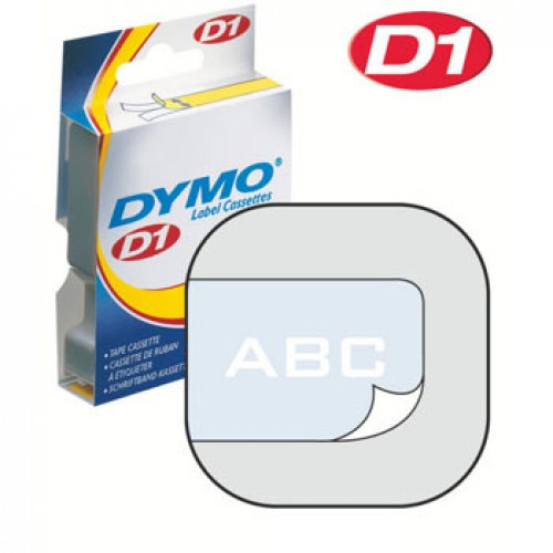 Märkband Dymo D1 12mm x 7meter Vit text / Klar tejp