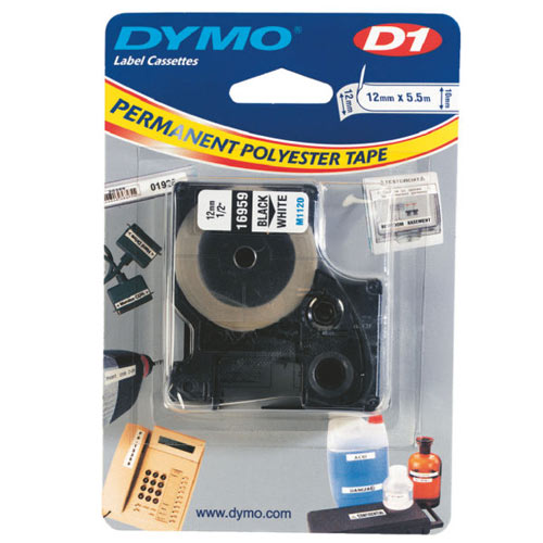 Märkband Dymo D1 Permanent Polyester tape 12mm x 5,5m Svart/Vit