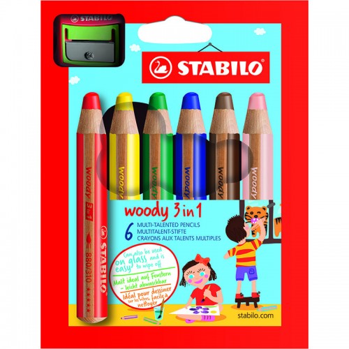 Färgpenna Stabilo Woody 3-in-1, 6 färger/fp + vässare