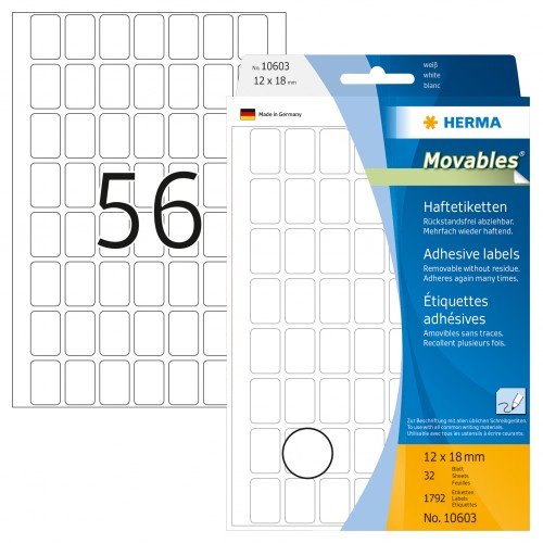Märketiketter Herma Movables 10603, 12x18mm Vit avtagbara/flyttbara, 1792/fp (56 etiketter/ark) Märketiketter Herma Movables 10603, 12x18mm Vit avtagbara/flyttbara, 1792/fp (56 etiketter/ark)