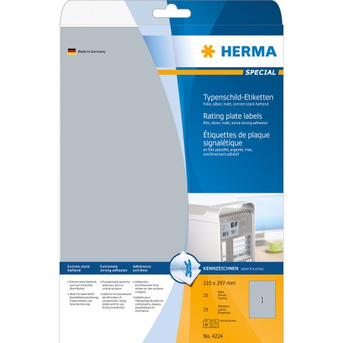 Polyesteretikett Herma 4224 A4 210,0x297,0mm Silver 25 ark/fp Polyesteretikett Herma 4224 A4 210,0x297,0mm Silver 25 ark/fp