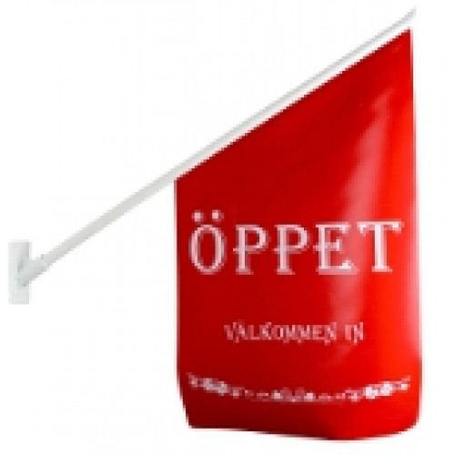 Flagga ÖPPET röd, vit text, vit stång, vit knopp