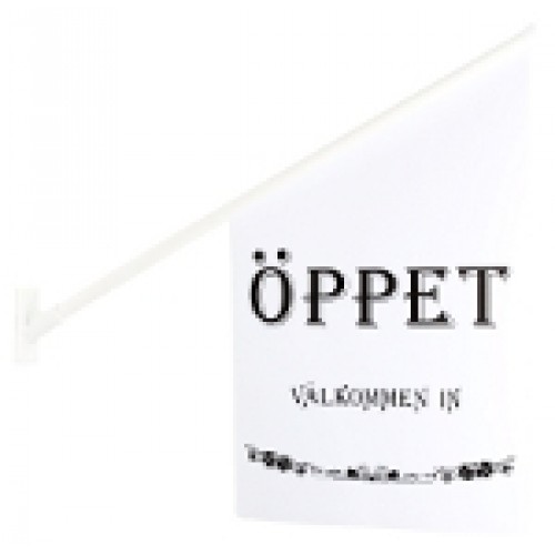 Flagga ÖPPET vit, svart text, vit stång, vit knopp