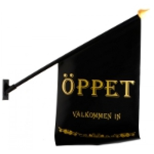 Flagga ÖPPET svart, guld text, svart stång, guld knopp