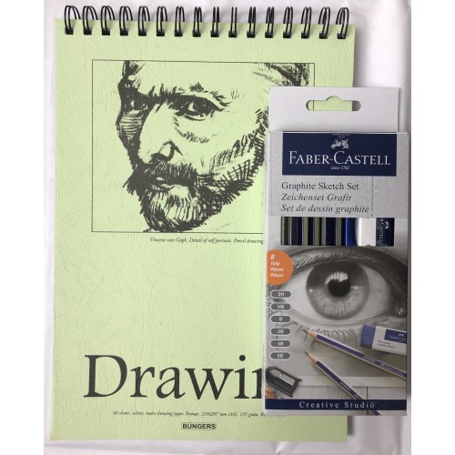 Teckningsset: Teckningsblock spiral A4 135g, 40 blad + Pennset Faber-Castell Graphite Sketch Set Goldfaber