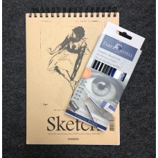 Skisset: Skissblock spiral A4 110g, 70 blad + Pennset Faber-Castell Graphite Sketch Set Goldfaber