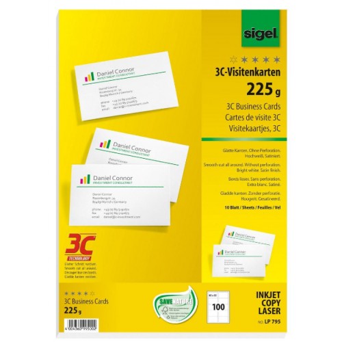Visitkort Sigel 3C LP795, 225g, 85x55mm Raka hörn, Vit 100st/fp