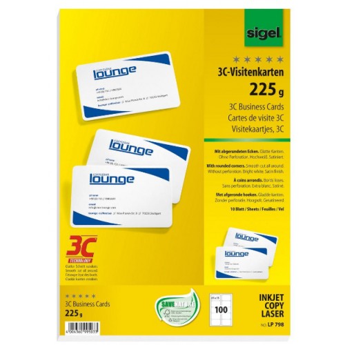 Visitkort Sigel 3C LP798, 225g, 85x55mm Runda hörn, Vit 100st/fp