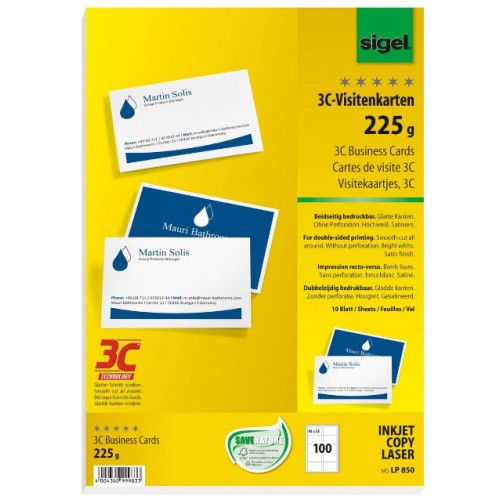 Visitkort Sigel LP850 225g 85x55mm Raka hörn Vit 2-sidig 100st Visitkort Sigel LP850 225g 85x55mm Raka hörn Vit 2-sidig 100st