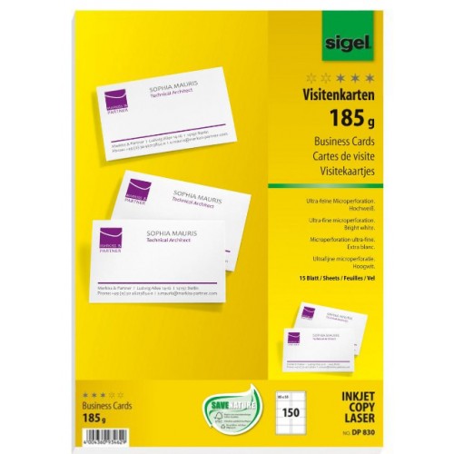 Visitkort Sigel Mikro DP830, 185g, 85x55mm Raka hörn, Vit 150st