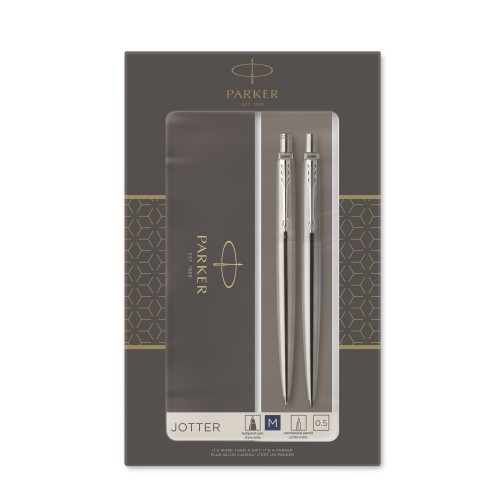 Presentset Parker Jotter Steel Kulpenna + Stiftpenna 0,5mm