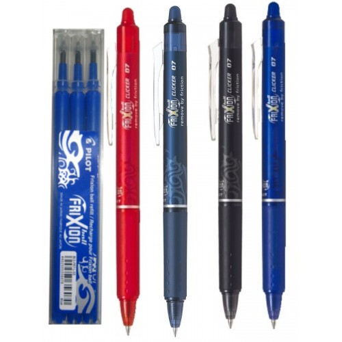 Pilot Pen: Korsordspenna Pilot Frixion Clicker 07 Rollerball BLRT-FR7 0,7mm, 4 färger/fp (svart, blå-svart, blå, röd) + 3 st Refill (9522)